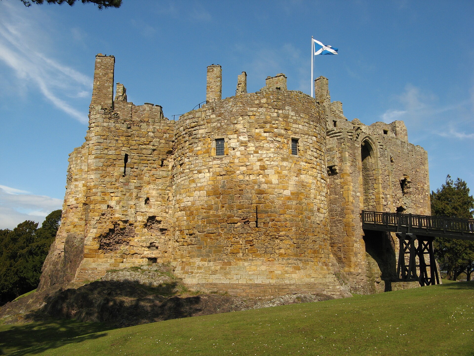 Dirleton Castle, a 13th-century cluster-tower castle in East Lothian
